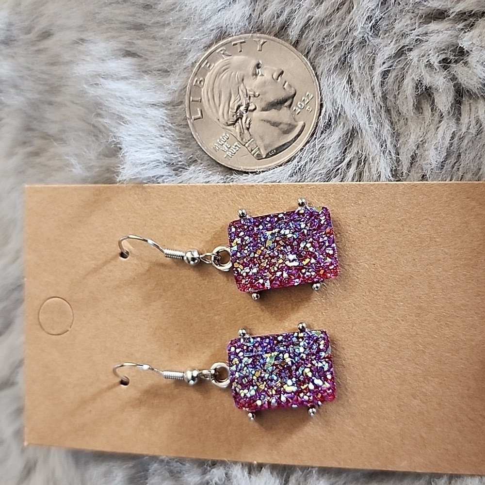 Sparkling Pink and Silver Druzy‎ Style Dangle Earrings - Picture 2 of 3